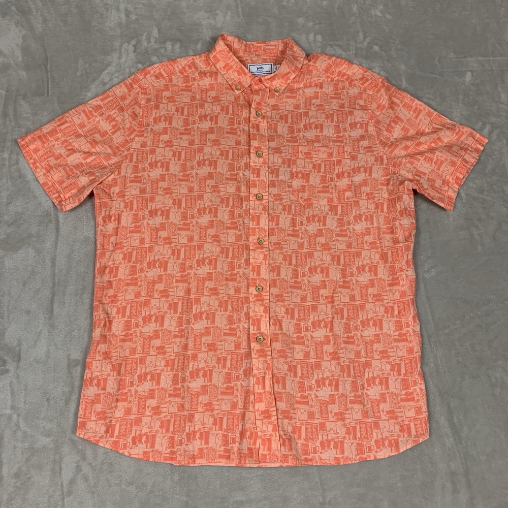 Southern Tide Shirt Mens Large Orange Drink Pattern Short Sleeve Linen Blend - Picture 2 of 6